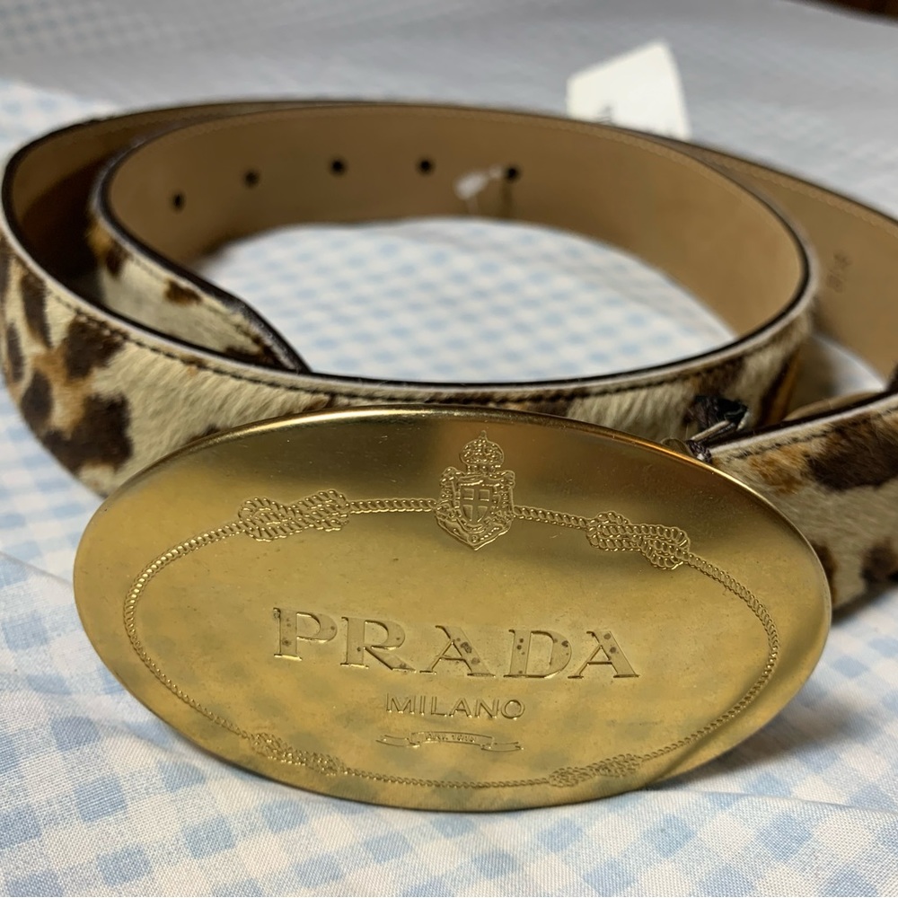 Prada of Milano, Leopard Print, Calf Hair and Leather Belt with Gold Buckle